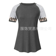 Load image into Gallery viewer, Leopard Stripe Round Neck Short Sleeve Contrast Top T-shirt