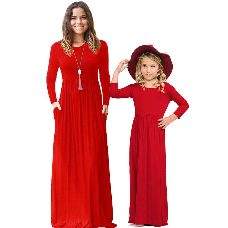 Solid color parent-child long-sleeved Dress