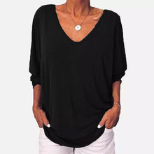 Load image into Gallery viewer, V-neck bat seven-quarter sleeve back button T-shirt,  women&#39;s tops

