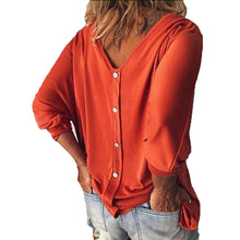 Load image into Gallery viewer, V-neck bat seven-quarter sleeve back button T-shirt,  women&#39;s tops
