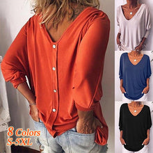 Load image into Gallery viewer, V-neck bat seven-quarter sleeve back button T-shirt,  women&#39;s tops

