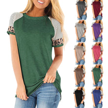 Load image into Gallery viewer, Women Round neck striped leopard stitching short sleeve T-shirt
