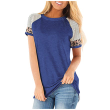 Load image into Gallery viewer, Women Round neck striped leopard stitching short sleeve T-shirt
