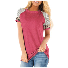 Load image into Gallery viewer, Women Round neck striped leopard stitching short sleeve T-shirt
