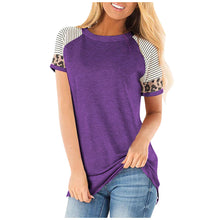 Load image into Gallery viewer, Women Round neck striped leopard stitching short sleeve T-shirt
