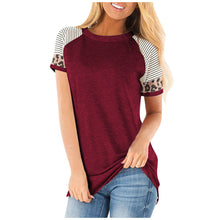 Load image into Gallery viewer, Women Round neck striped leopard stitching short sleeve T-shirt
