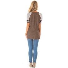 Load image into Gallery viewer, Women Round neck striped leopard stitching short sleeve T-shirt
