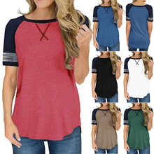 Load image into Gallery viewer, Women&#39;s summer short-sleeved stitching round neck casual T-shirt , raglan sleeves loose Tops
