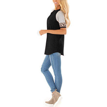 Load image into Gallery viewer, Women Round neck striped leopard stitching short sleeve T-shirt
