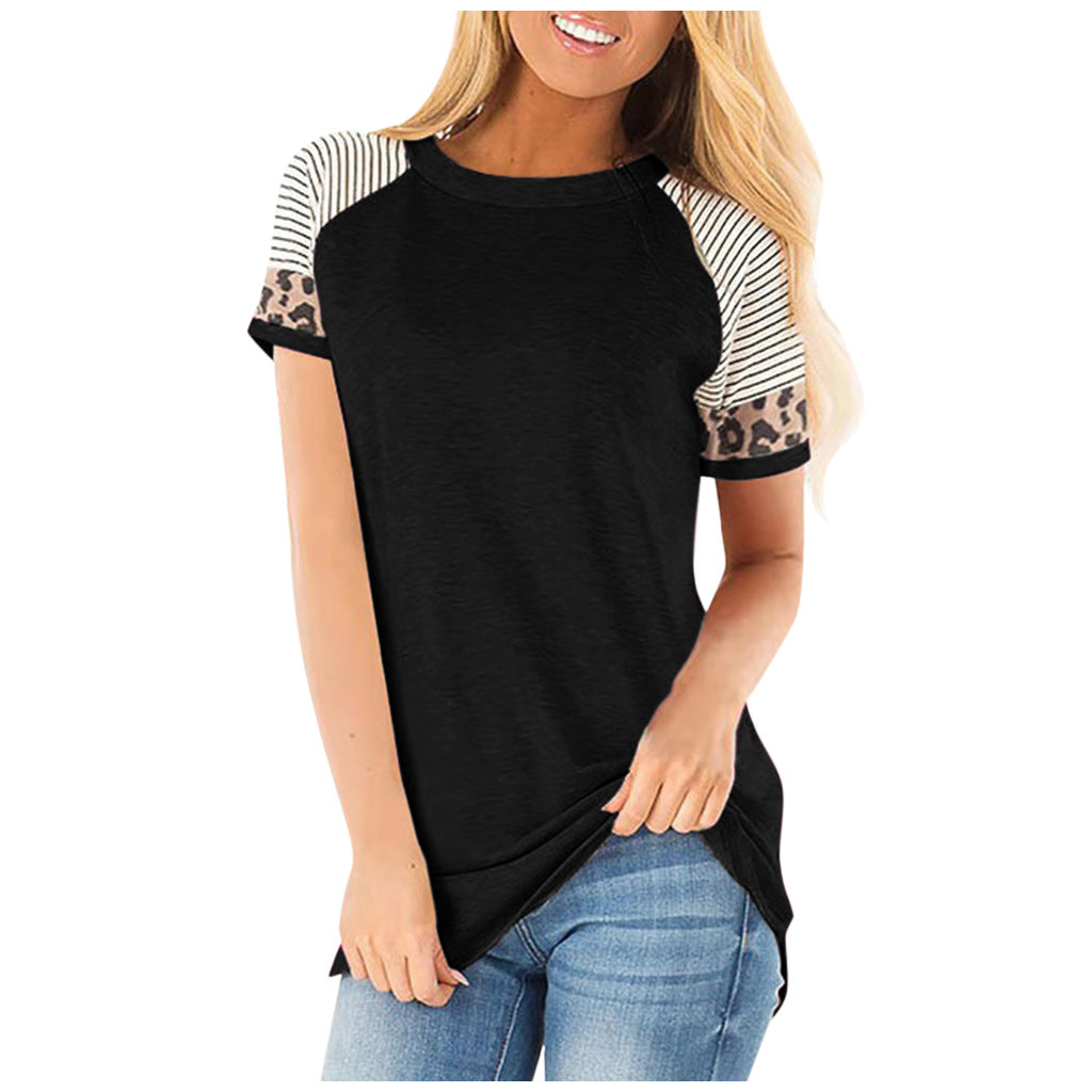 Women Round neck striped leopard stitching short sleeve T-shirt