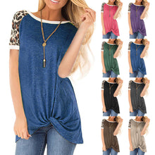 Load image into Gallery viewer, Women&#39;s round neck knot leopard print short sleeve T-shirt
