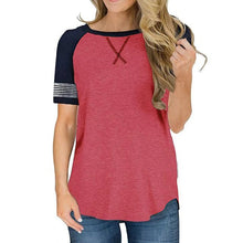 Load image into Gallery viewer, Women&#39;s summer short-sleeved stitching round neck casual T-shirt , raglan sleeves loose Tops
