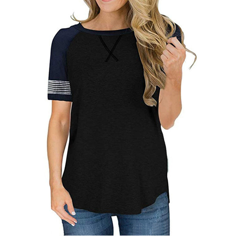Women's summer short-sleeved stitching round neck casual T-shirt , raglan sleeves loose Tops