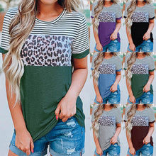 Load image into Gallery viewer, Women&#39;s round neck striped leopard print contrast short-sleeved T-shirt
