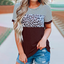 Load image into Gallery viewer, Women&#39;s round neck striped leopard print contrast short-sleeved T-shirt
