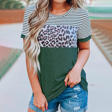 Load image into Gallery viewer, Women&#39;s round neck striped leopard print contrast short-sleeved T-shirt
