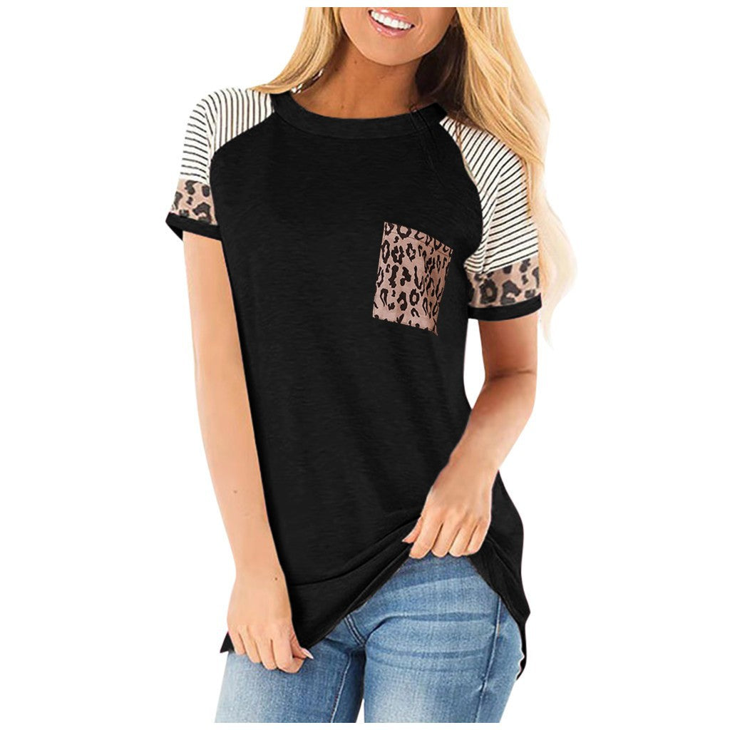 Women's Leopard Stripe Round Neck Short Sleeve Contrast Pocket Tops T-shirt