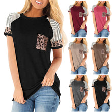Load image into Gallery viewer, Women&#39;s Leopard Stripe Round Neck Short Sleeve Contrast Pocket Tops T-shirt
