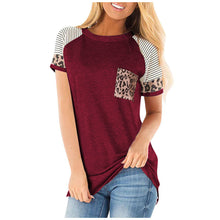 Load image into Gallery viewer, Women&#39;s Leopard Stripe Round Neck Short Sleeve Contrast Pocket Tops T-shirt
