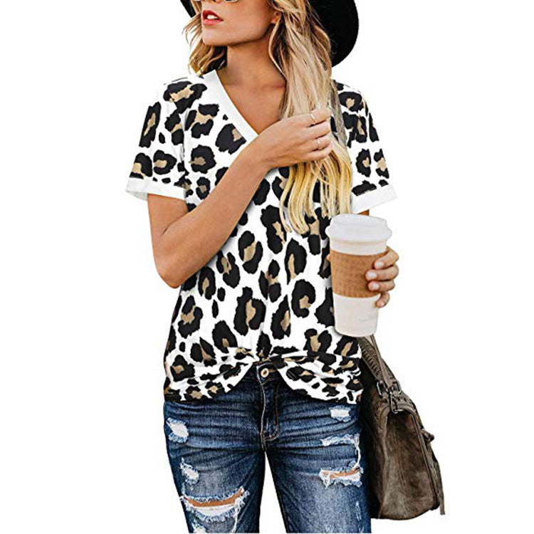 Loose V-neck printed short-sleeved T-shirt , Women's Tops