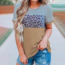 Load image into Gallery viewer, Women&#39;s round neck striped leopard print contrast short-sleeved T-shirt
