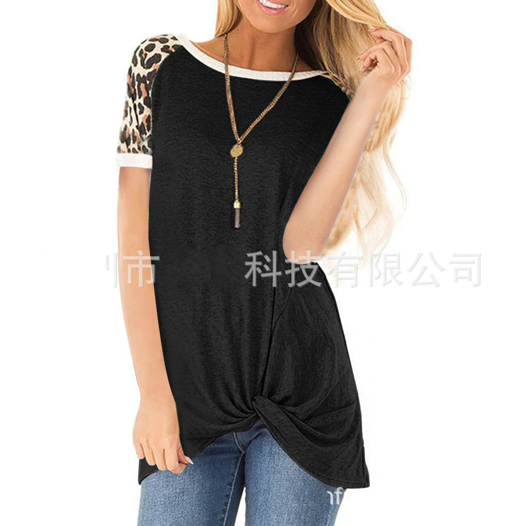 Women's round neck knot leopard print short sleeve T-shirt